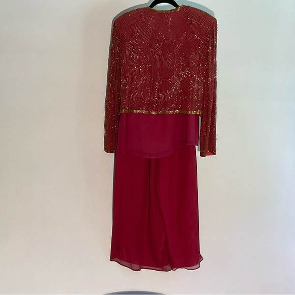 Niteline Burgundy Silk Large 3 Piece Evening Wear Gold Bugle Beaded Jacket - Picture 13 of 16